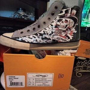 Ed Hardy Skull Top Hat High Top tennis shoes men's size ten